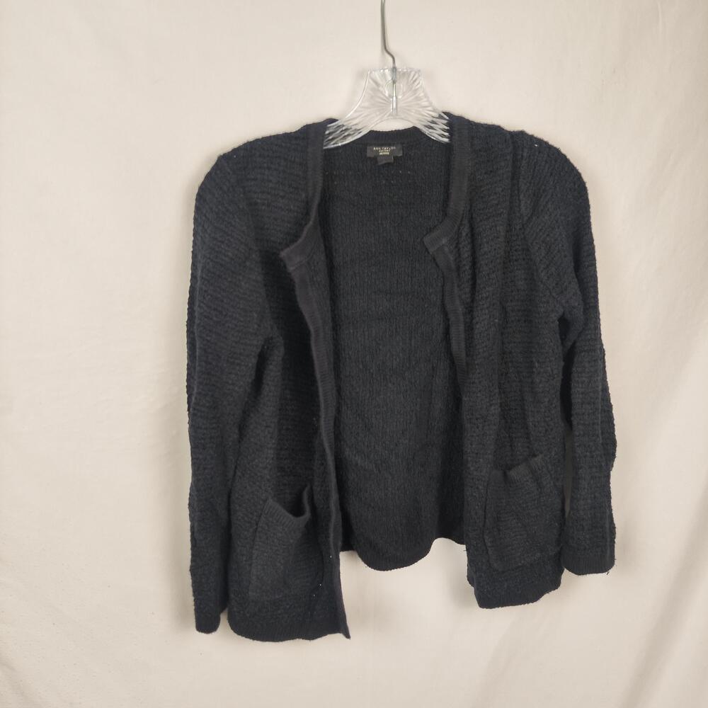 Ann Taylor Factory Sweater Cardigan Womens Petite Small Black Knit Open Pockets